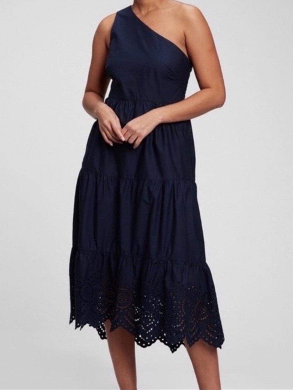 Gap One-Shoulder Navy Eyelet Hem Midi Dress - Size 8P